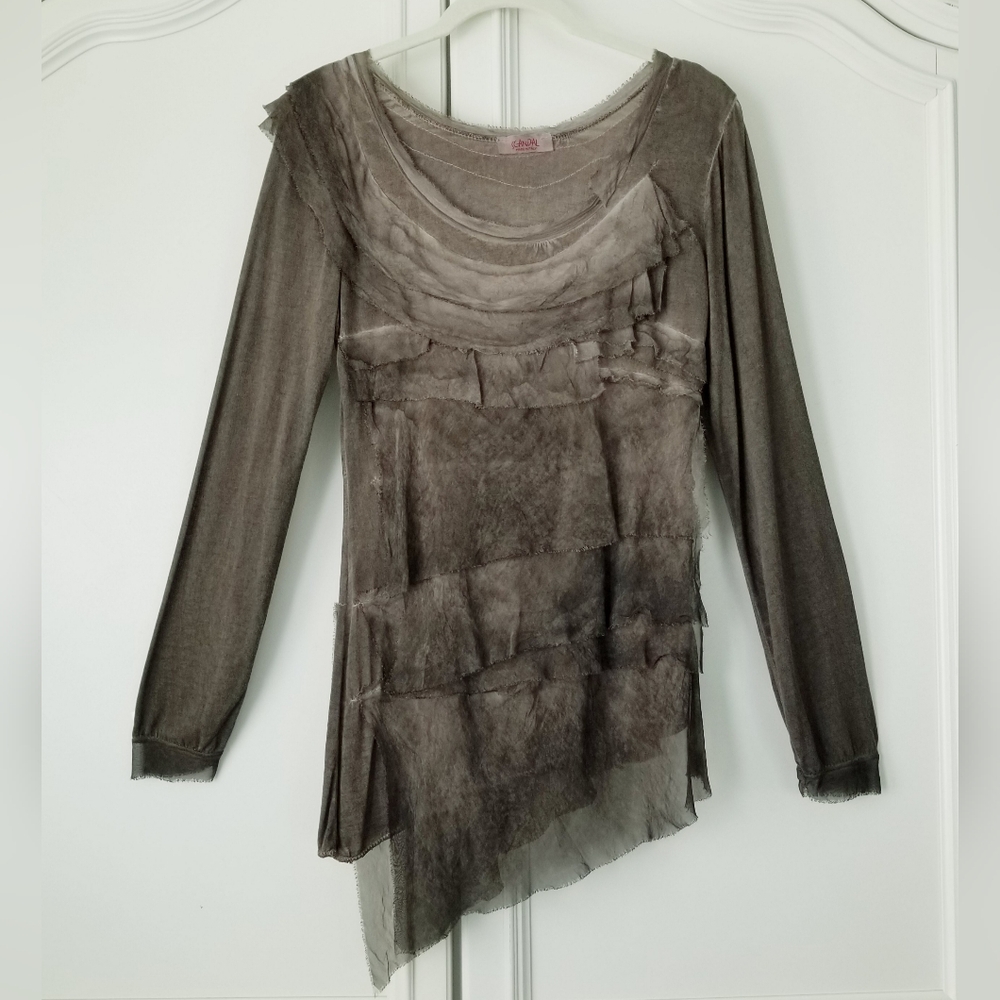 Scandal Brown Asymmetrical Silk Ruffle Artsy Long Sleeve Top Small